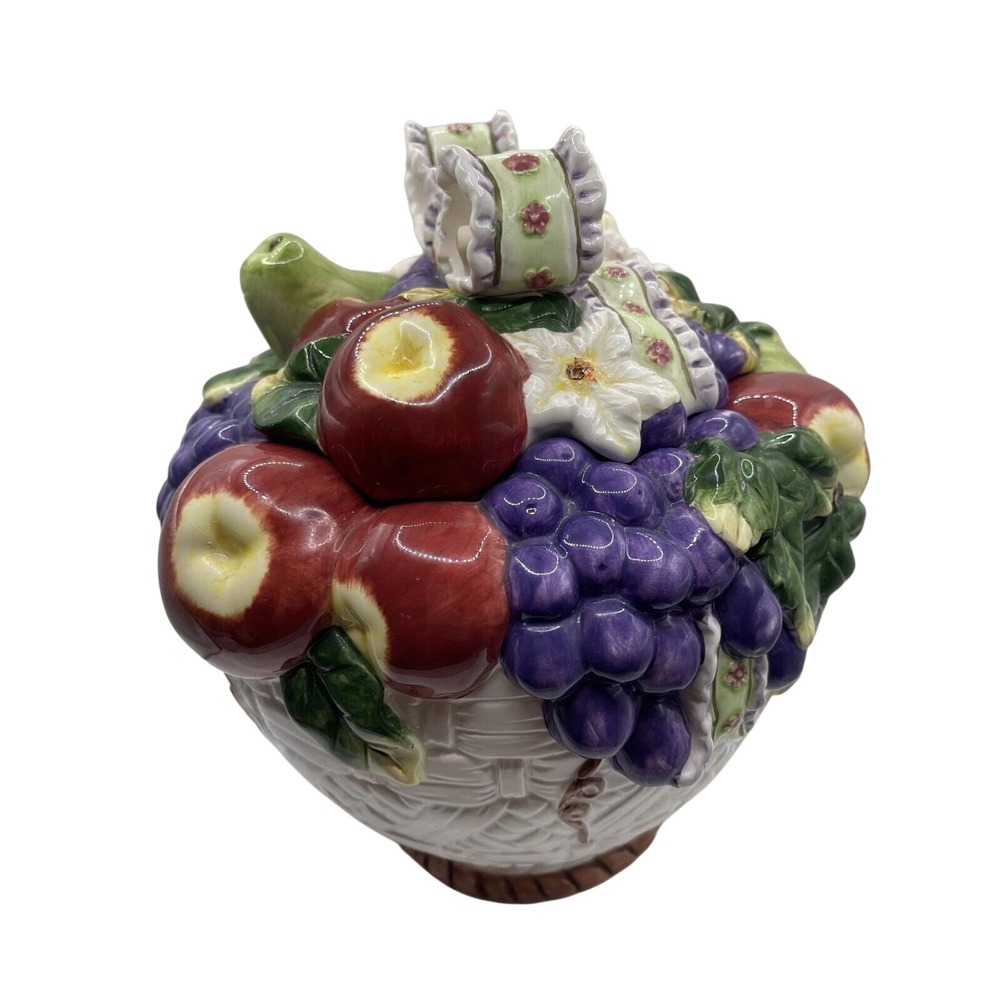 Ceramic Fruit Basket Lidded Trinket Dish Candy Bowl Figurine Apples Grapes Pears